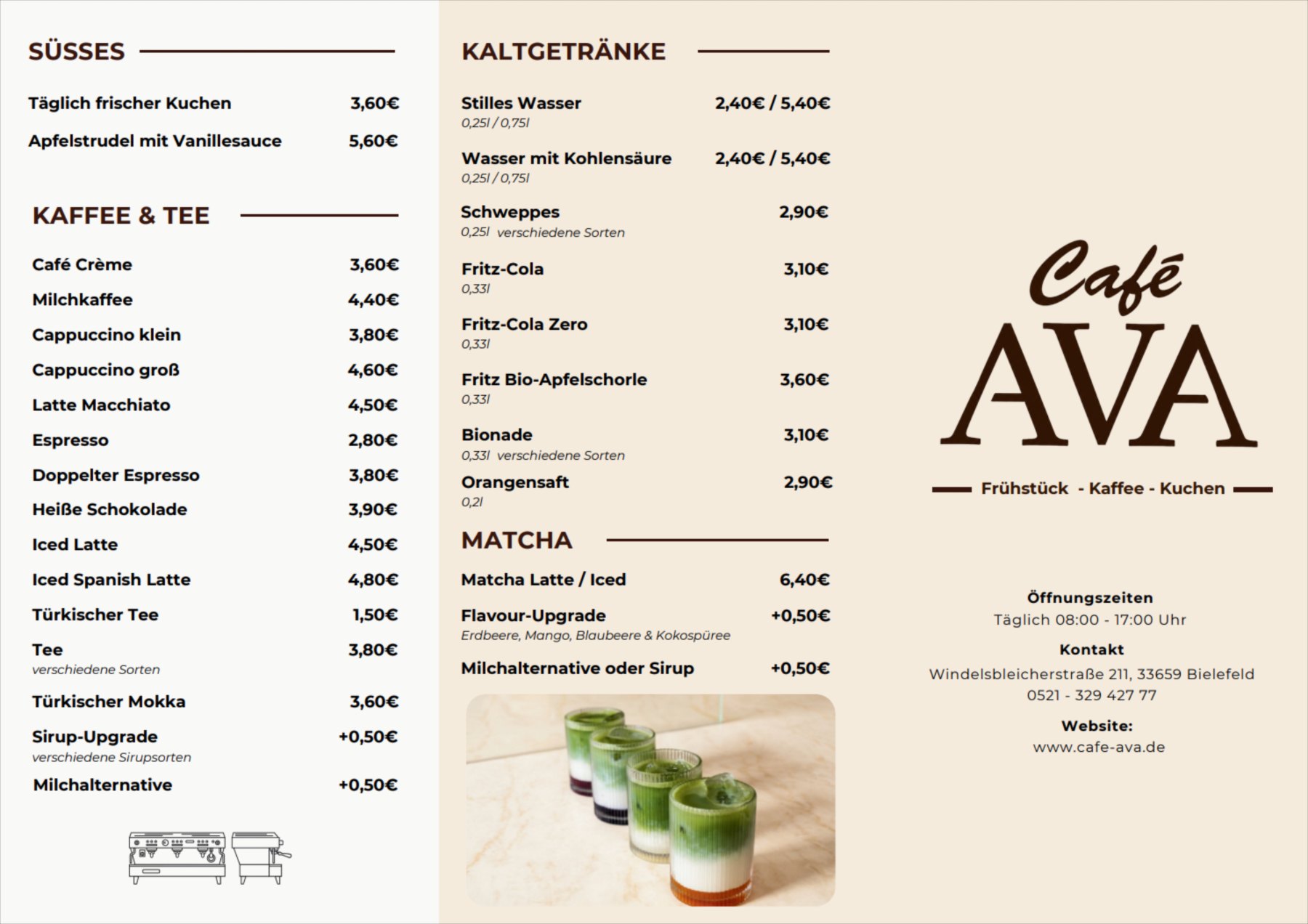 Speisekarte Café Ava, Seite 1: Süßes, Kaffee & Tee, Kaltgetränke und Matcha mit Preisen