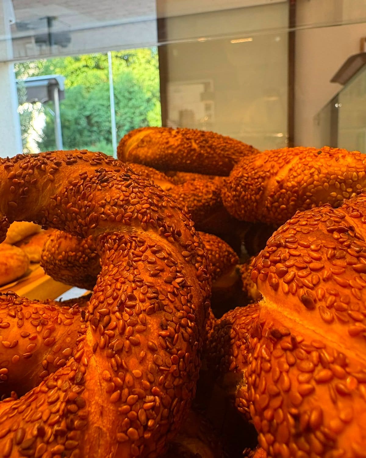 Nahaufnahme frisch gebackener Simit mit Sesam